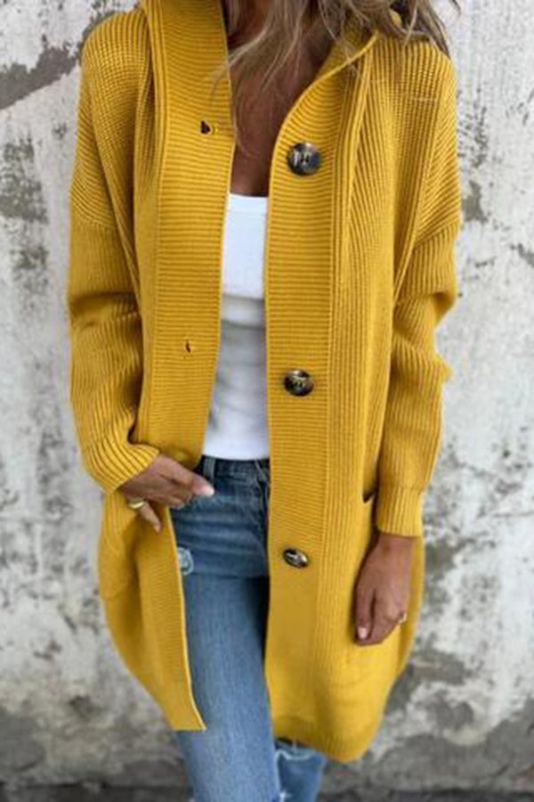 Color Hooded Pocket Mid-length Knitted Cardigan