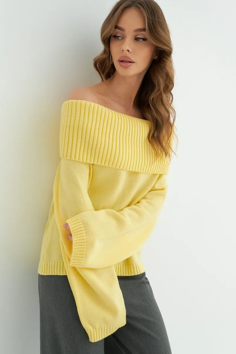 Color Off Shoulder Knitted Sweater