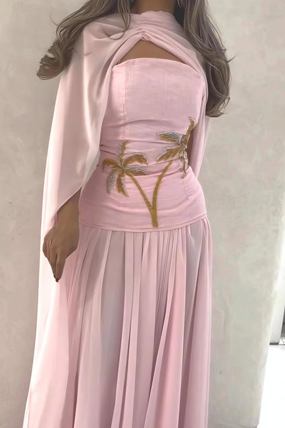 Chiffon Cape Beaded Maxi Dress