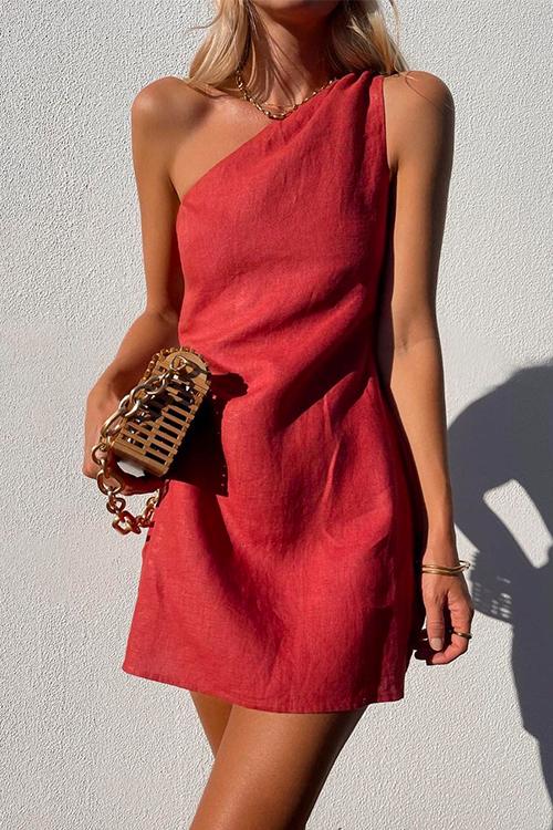 Moxidress One Shoulder Cotton Linen Mini Dress