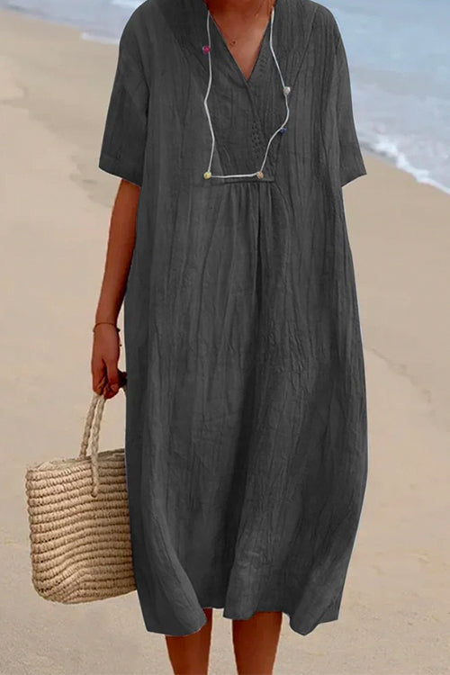 V Neck Short Sleeve Baggy Cotton Linen Midi Dress