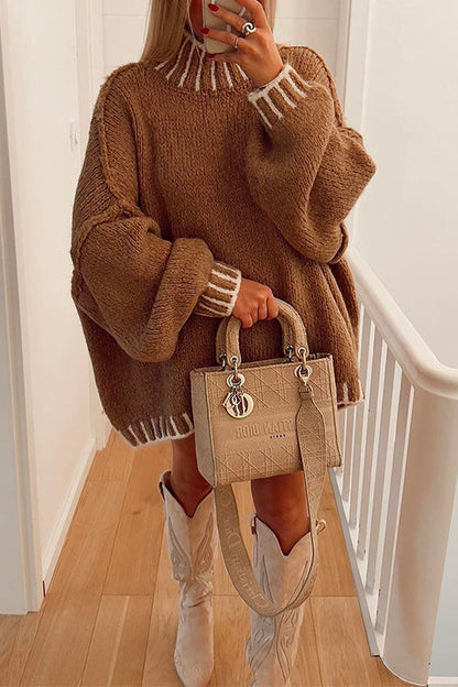 Moxidress Turtleneck Drop Shoulder Color Block Pullover Sweater