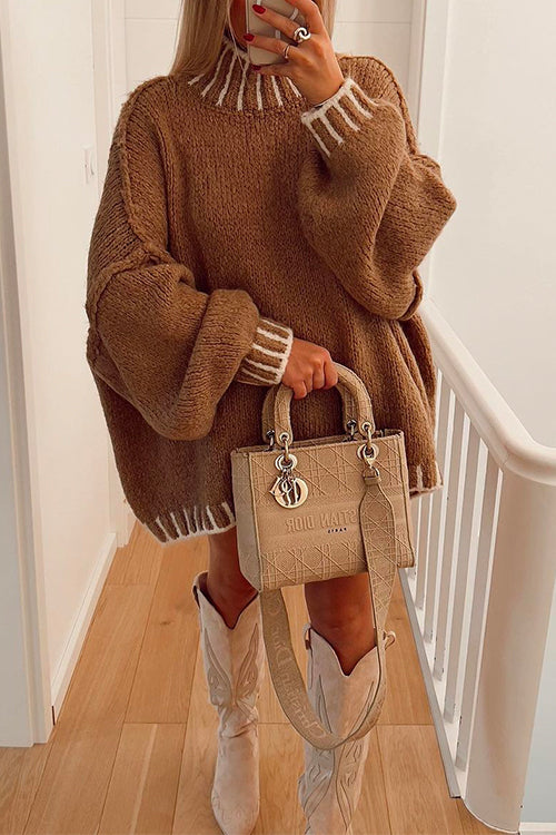 Turtleneck Drop Shoulder Color Block Pullover Sweater