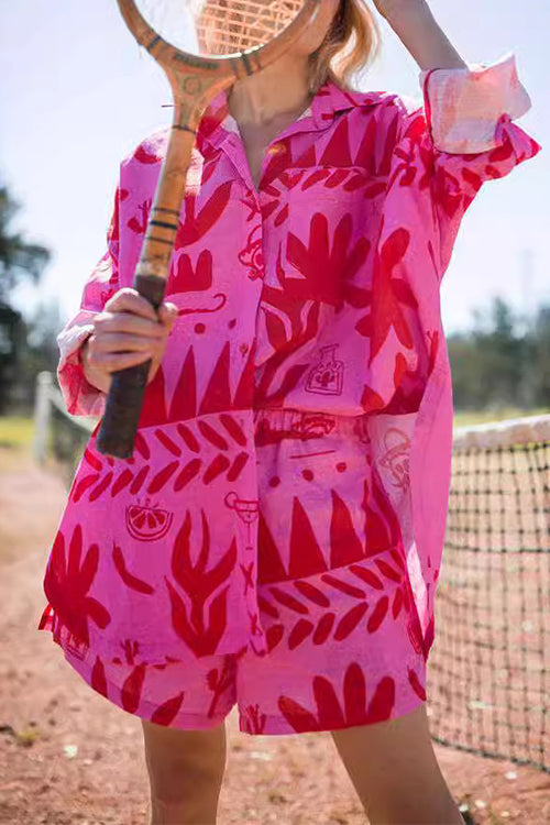 Side Split Button Down Shirt Elastic Waist Shorts Printed Summer Set
