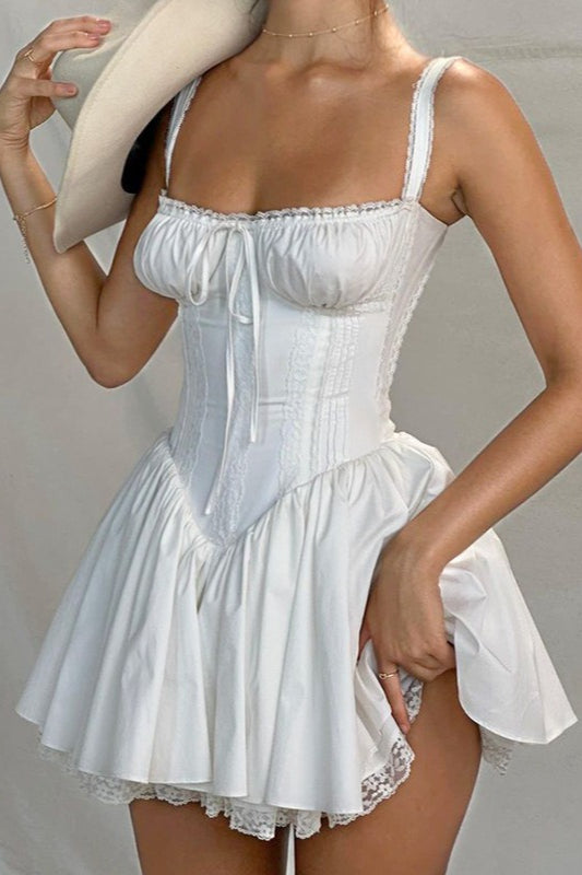 Spaghetti Strap Lace Trim Ballet a Line Sleeveless Mini Dress