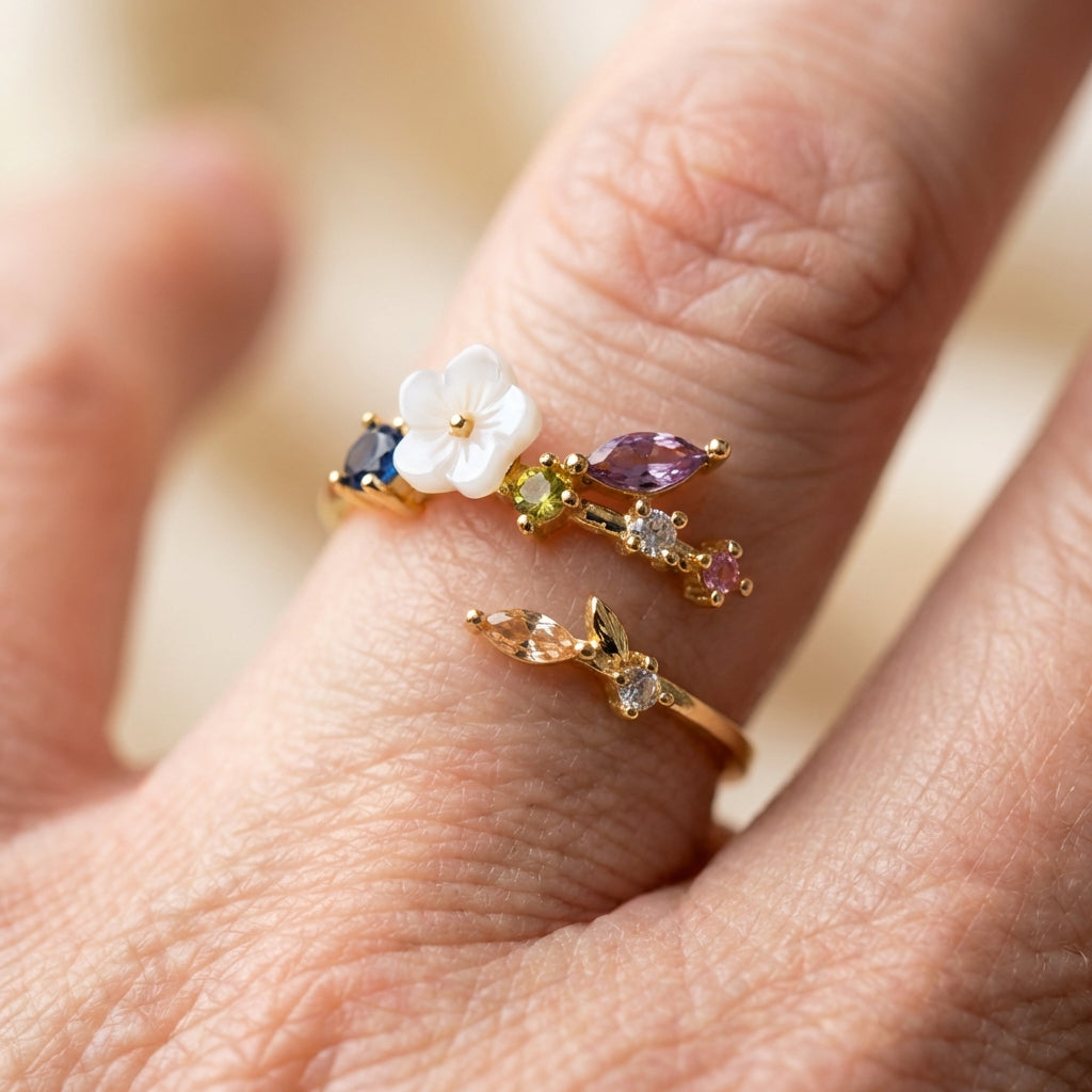 Wildflower With Colorful Zirconia Adjustable Ring In Gold