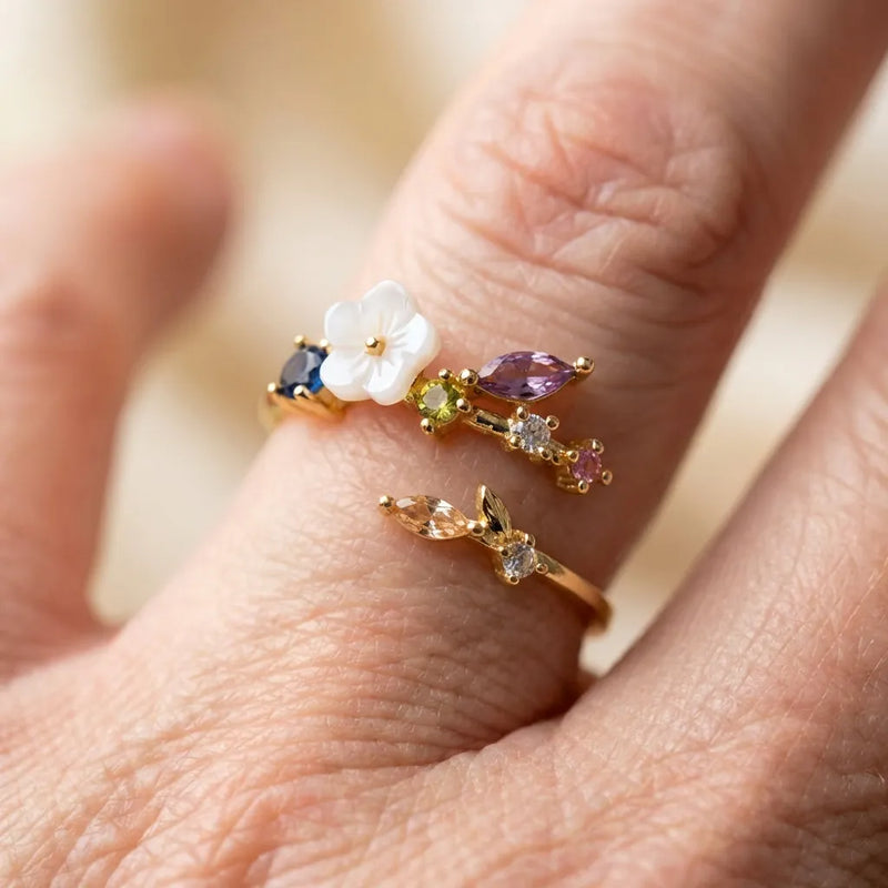 Wildflower With Colorful Zirconia Adjustable Ring In Gold