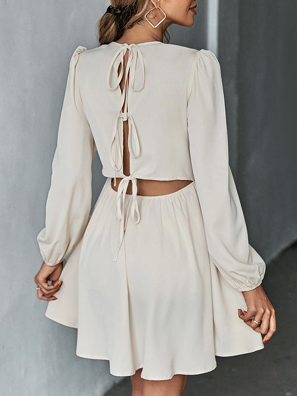 A-line Bishop Sleeve Backless Elasticity Hollow Pleated Color Tied Round-neck Mini Dresses