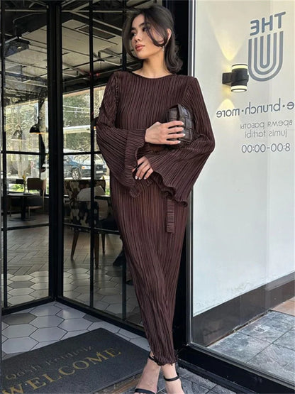Ruffled Lace-up Long Dress Slim Long Sleeve Striped Pleated Party Dress Autumn Gown Female Dress