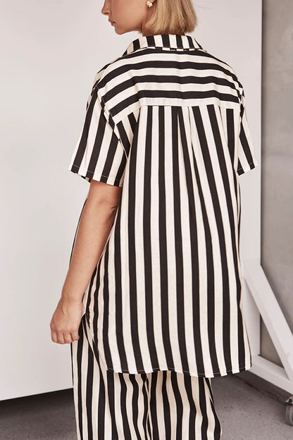 Erika Striped Shirt and Elastic Waist Pocket Wide Leg Pants Set