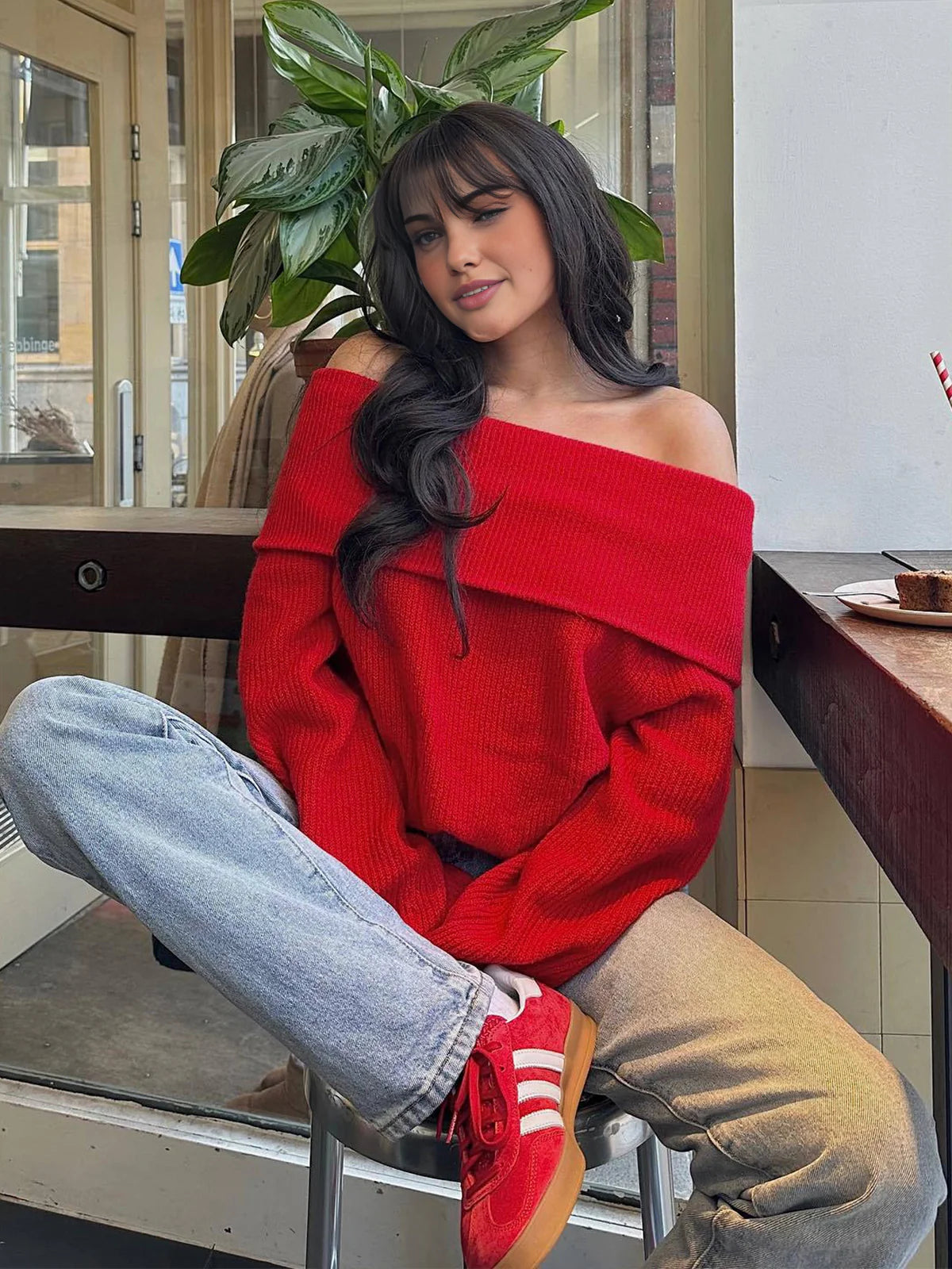 Off-shoulder Loose Sweater