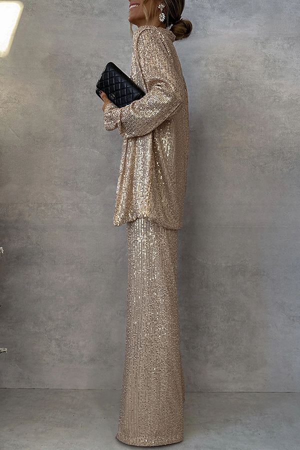Party Scene Sequin High Rise Elastic Waist Wide Leg Pants