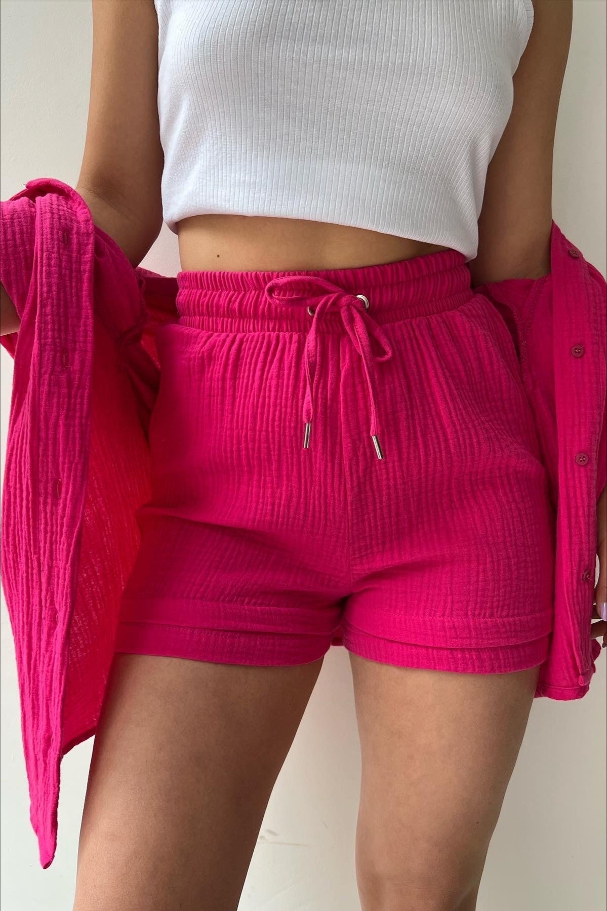 Textured Lapel Long Sleeve Top High Waist Shorts Set