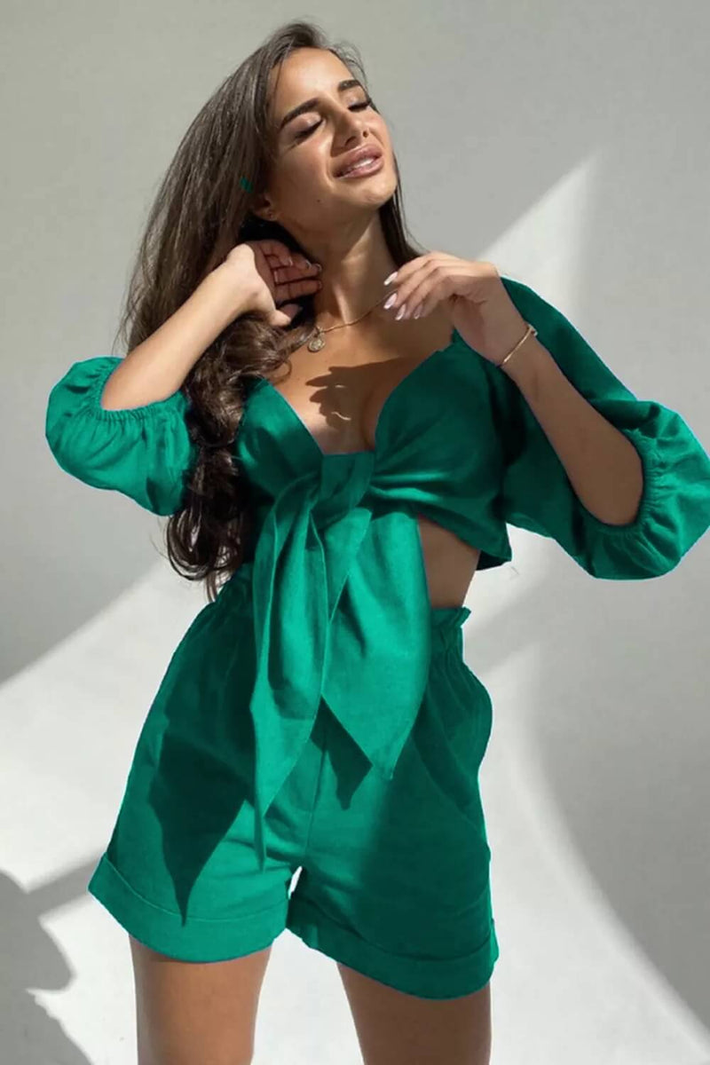 Linen Wrap Front Tie Puff Sleeve Shorts Sets in Green