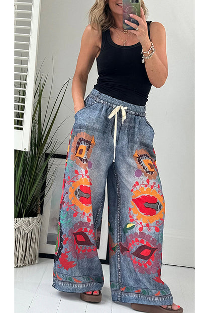 Hippie Style Unique Denim Print Elastic Waist Pocketed Wide Leg Pants