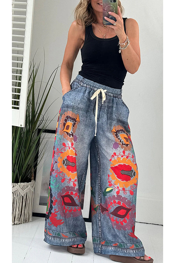 Hippie Style Unique Denim Print Elastic Waist Pocketed Wide Leg Pants