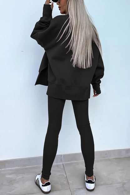 Color Loose Long Sleeve Slitsweatshirt and Elastic Waist Tight Pants Set