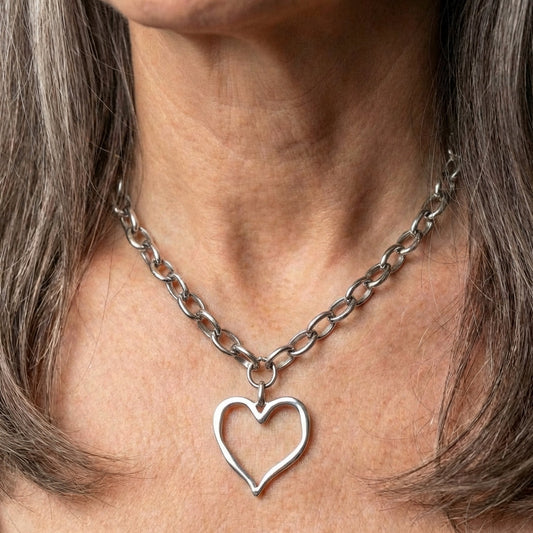 Vintage Hollow Heart Pendant Silver Necklace