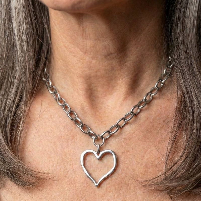 Vintage Hollow Heart Pendant Silver Necklace