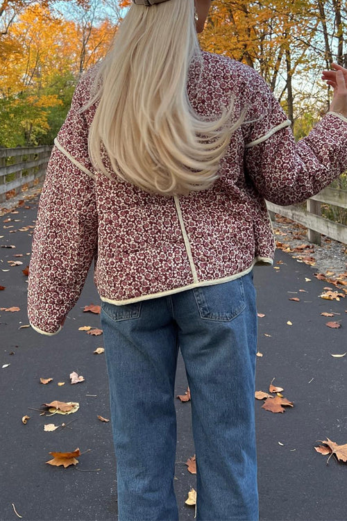 Stand Collar Open Front Print Quilted Coat