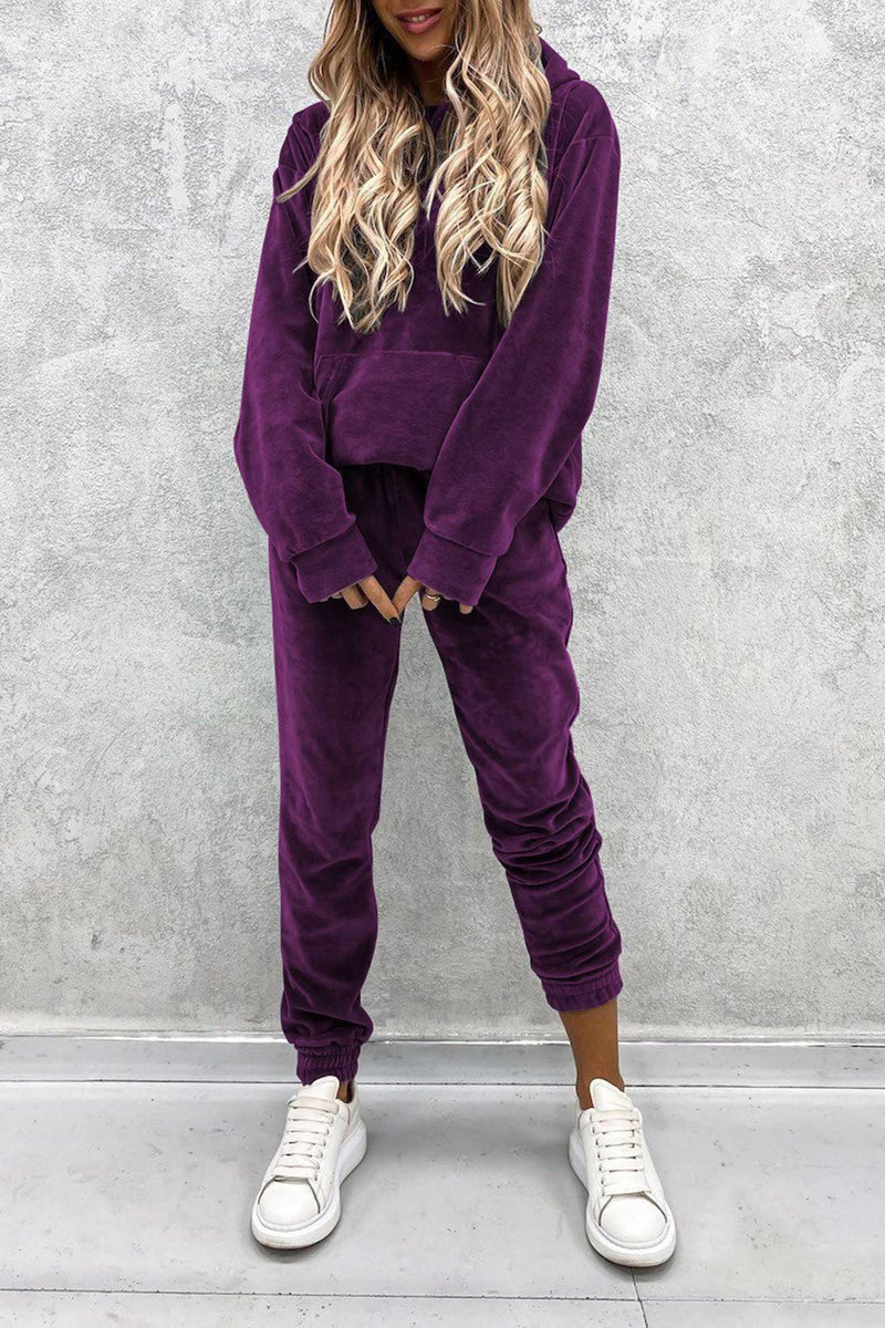 Velour Color Hoodie Long Pants Set