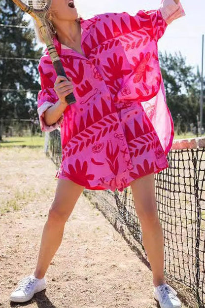 Side Split Button Down Shirt Elastic Waist Shorts Printed Summer Set