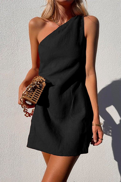 One Shoulder Sleeveless Cotton Linen Mini Dress