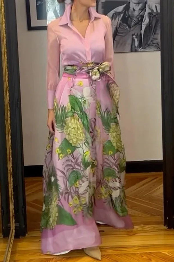 Seeds of Happiness Tulle Print Elastic Waist Belt Pocketed Maxi Skirt