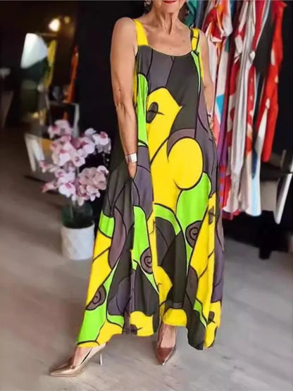 Print Spaghetti Strap Dresses Pocket Loose Long Dress Lady Commuting Clothing Maxi Vestidos Summer New