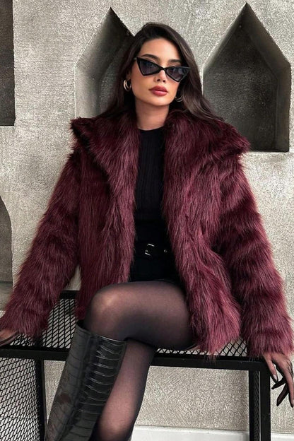 Plush Color Faux Animal Fur Warm Notch Collar Coat