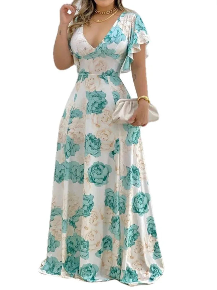 Summer New Flower Print Long Dresses Temperament V-neck Petal Short Sleeves Maxi Dress Lady Commuting Vestido