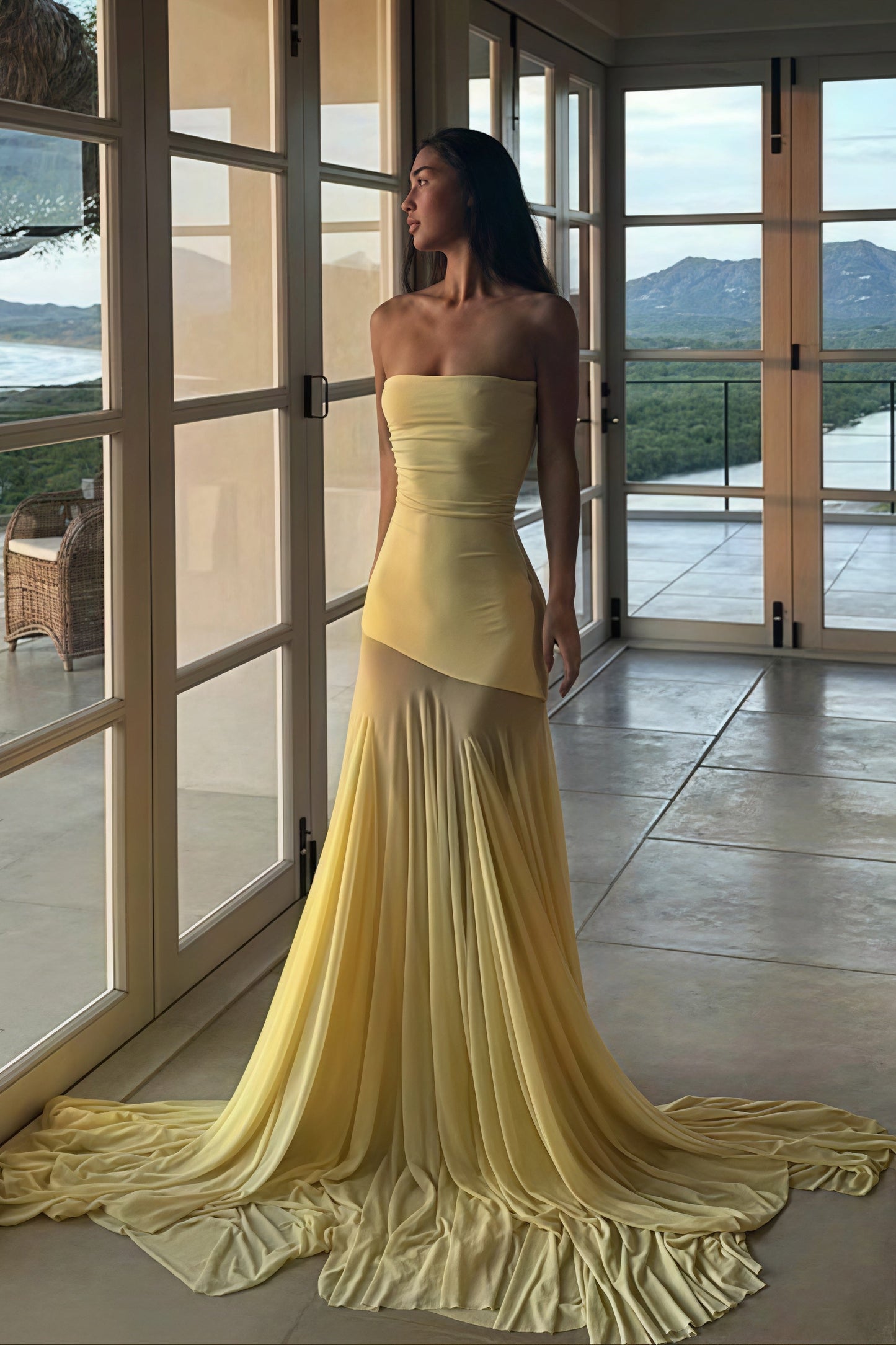 Slim Patchwork Sheer Strapless Maxi Dress