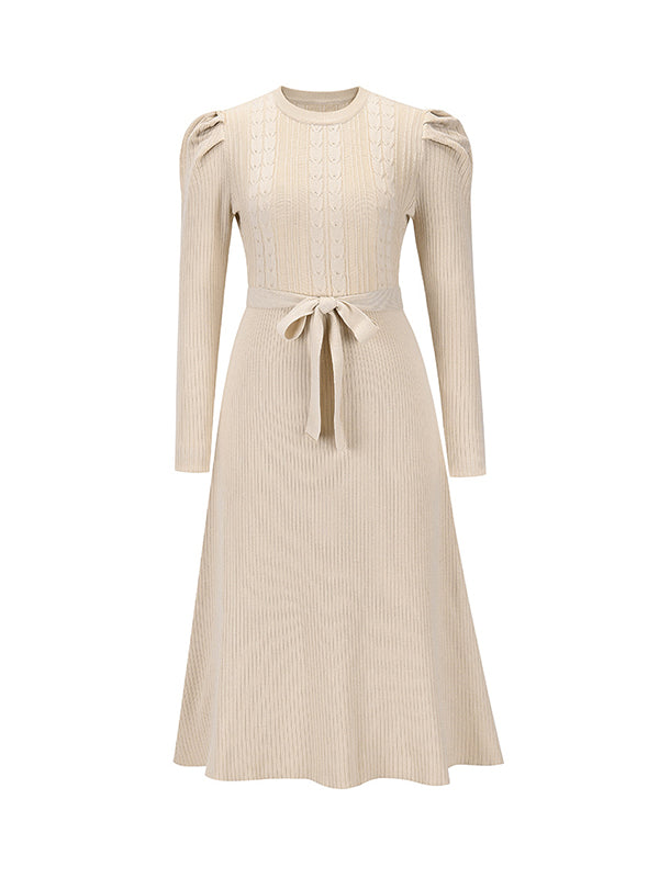 High Waisted Long Sleeves Color Tied Waist Round-neck Midi Dresses Sweater Dresses