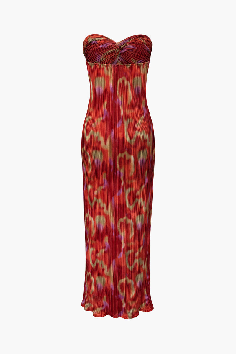Abstract Print Plisse Strapless Slim Maxi Dress