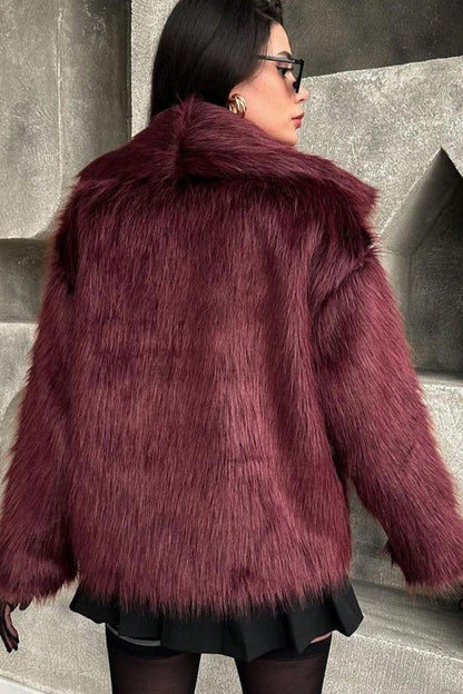 Plush Color Faux Animal Fur Warm Notch Collar Coat