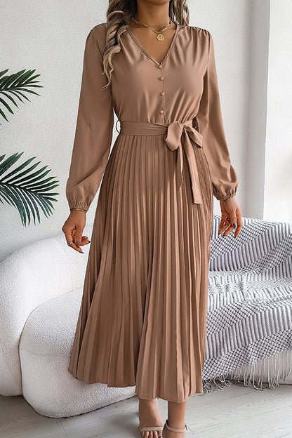Color V-neck Buttoned Lace-up Pleated Maxi Dress