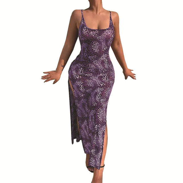 Leopard Print Slim Long Dresses Low Cut Backless Package Hip Bodycon Slit Dress Female Summer New