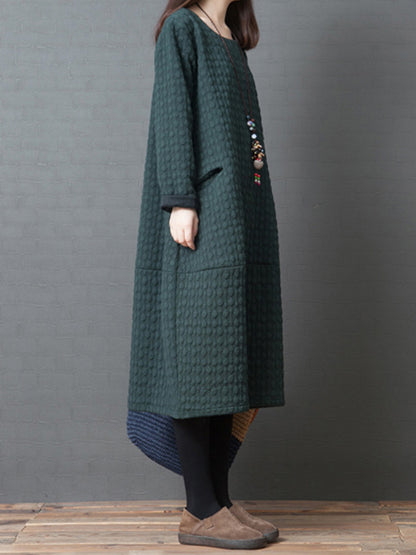 Loose Color Split-joint With Pocket Round-neck Long Sleeves Midi Dress