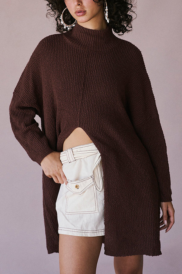 Color Long Sleeve Slit Knitted Sweater