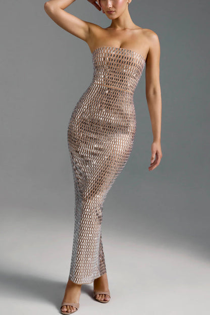 Flash Sculpture Rhinestone Embellished Bandeau Slit Stretch Maxi Dress