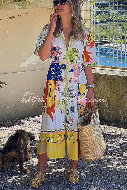 Chasing the Sun Unique Print Pocketed Shirt Midi Dress