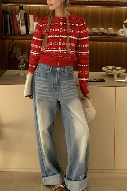 Red Striped Knit Cardigan
