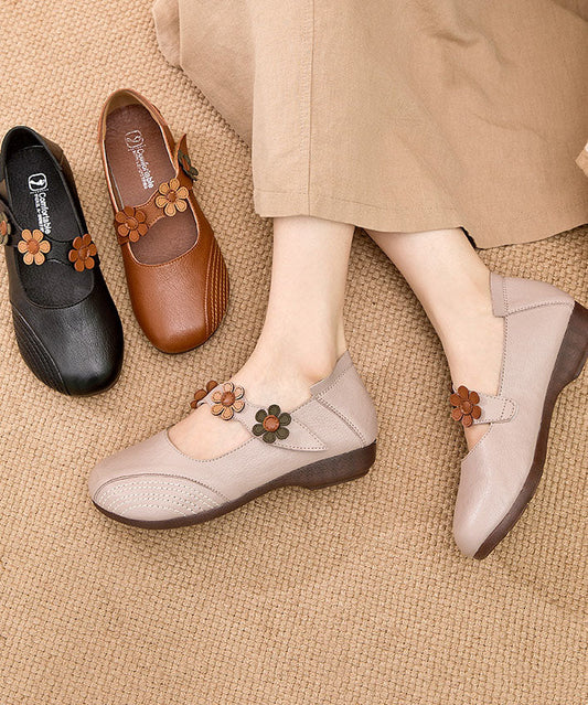 Buckle Strap Flat Shoes for Apricot Cowhide Leather