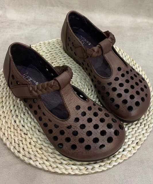 Comfy Coffee Flat Shoes Hollow Out Cowhide Leather
