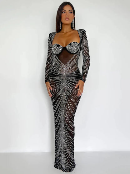 Glitter Mesh See Through Party Maxi Dress for Full Sleeve Bodycon Club Long Evening Dress Vestido