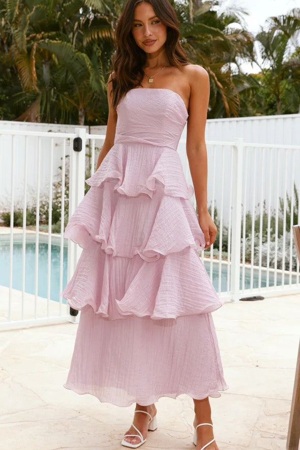 Strapless Backless Ruffle Tiered Midi Dress