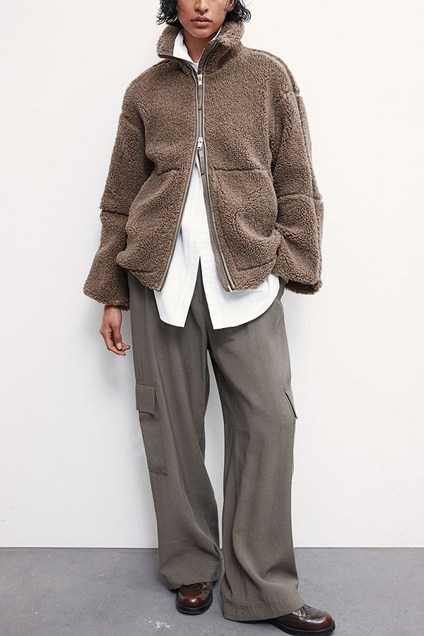 Color Stitching High Collar Long Sleeve Loose Pocket Woolen Coat