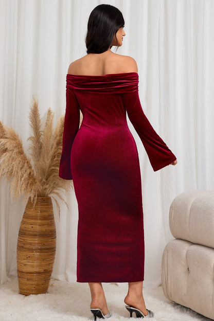 Burgundy Off-shoulder High Slit Midi Dress