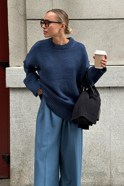 Color Relaxed Fit Crew Neck Knit Sweater