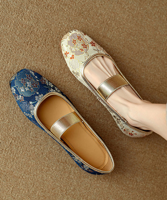 Chinese Style Blue Embroidered Splicing Flat Shoes for